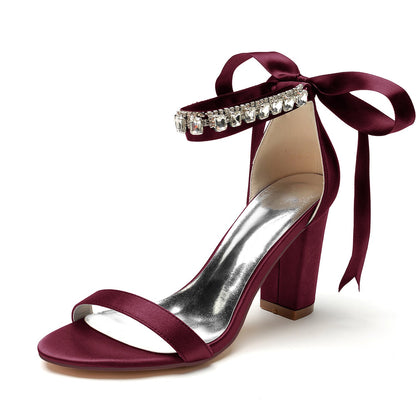 Women's Silk Satin With Ankle Strap Lace-up Rhinestone Peep Toe Chunky Heel Evening Shoes