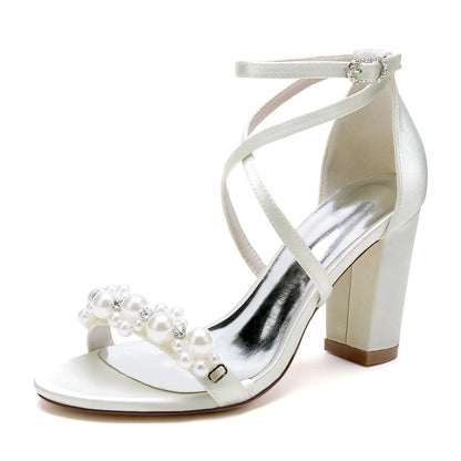 Women's Silk Satin With Ankle Strap Pearl Rhinestone Peep Toe Chunky Heel Wedding Shoes