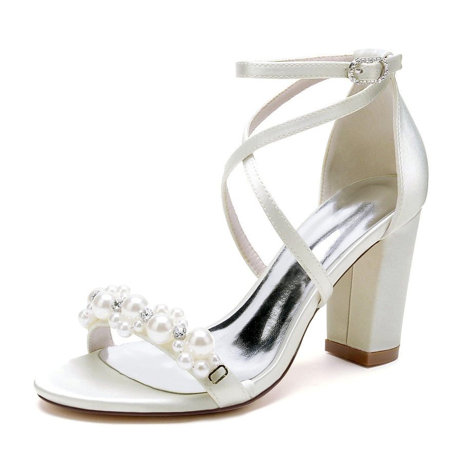 Women's Silk Satin With Ankle Strap Pearl Rhinestone Peep Toe Chunky Heel Wedding Shoes