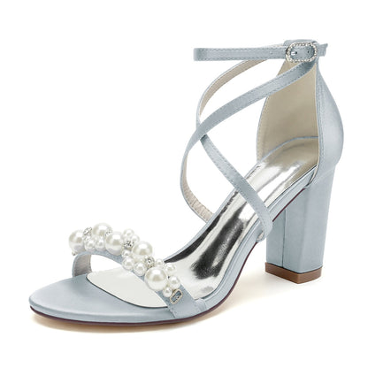 Women's Silk Satin With Ankle Strap Pearl Rhinestone Peep Toe Chunky Heel Wedding Shoes