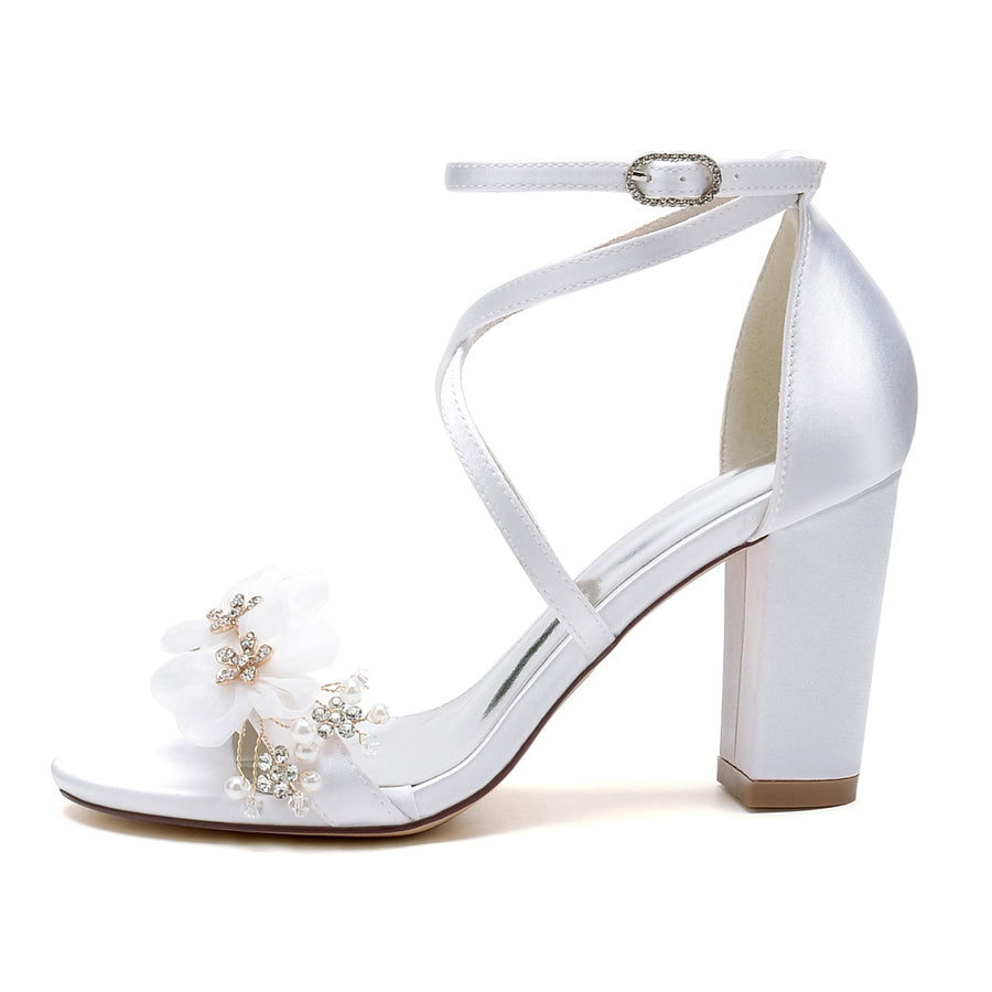 Women's Silk Satin With Ankle Strap Flower Peep Toe Chunky Heel Party Shoes