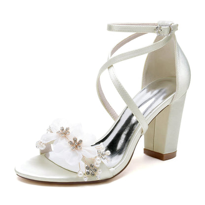 Women's Silk Satin With Ankle Strap Flower Peep Toe Chunky Heel Party Shoes