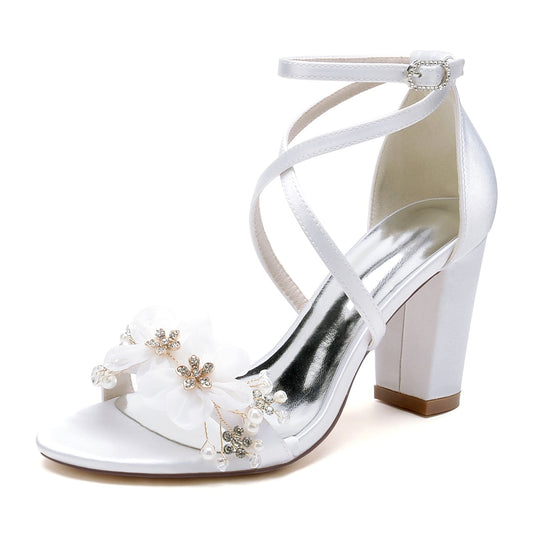 Women's Silk Satin With Ankle Strap Flower Peep Toe Chunky Heel Party Shoes