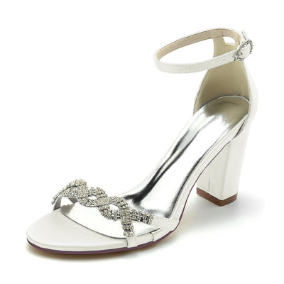 Women's Silk Satin With Ankle Strap Chunky Heel Rhinestone Peep Toe Wedding Shoes