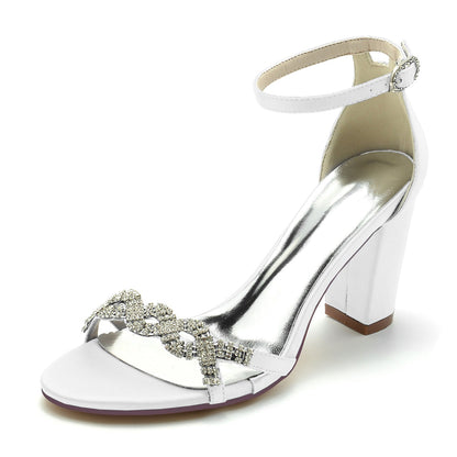 Women's Silk Satin With Ankle Strap Chunky Heel Rhinestone Peep Toe Wedding Shoes