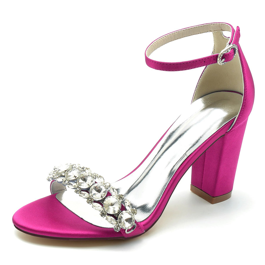 Women's Silk Satin With Rhinestone Ankle Strap Peep Toe Chunky Heel Party Shoes