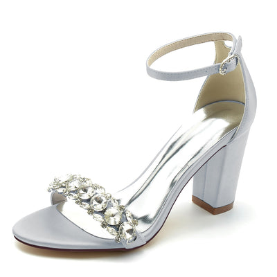 Women's Silk Satin With Rhinestone Ankle Strap Peep Toe Chunky Heel Party Shoes