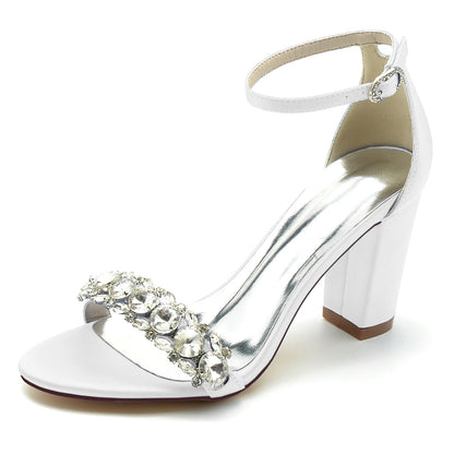 Women's Silk Satin With Rhinestone Ankle Strap Peep Toe Chunky Heel Party Shoes