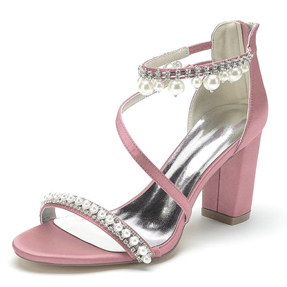 Women's Silk Satin With Ankle Strap Pearl Rhinestone Tassel Peep Toe Chunky Heel Party Shoes