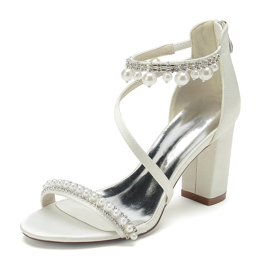 Women's Silk Satin With Ankle Strap Pearl Rhinestone Tassel Peep Toe Chunky Heel Party Shoes