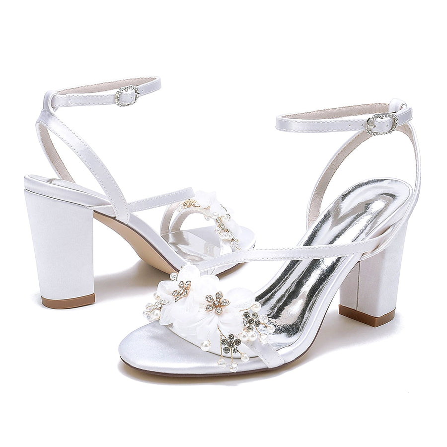 Women's Silk Satin With Ankle Strap Flower Peep Toe Chunky Heel Evening Shoes