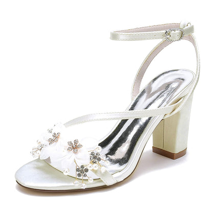 Women's Silk Satin With Ankle Strap Flower Peep Toe Chunky Heel Evening Shoes