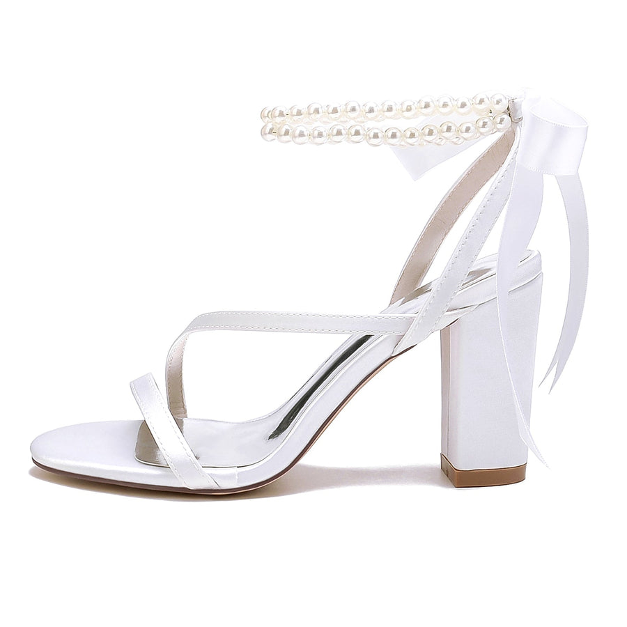 Women's Silk Satin With Ankle Strap Lace-up Pearl Peep Toe Chunky Heel Wedding Shoes