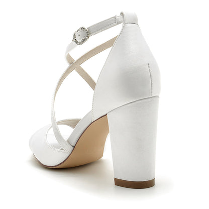 Women's Silk Satin Chunky Heel With Peep Toe Ankle Strap Wedding Shoes