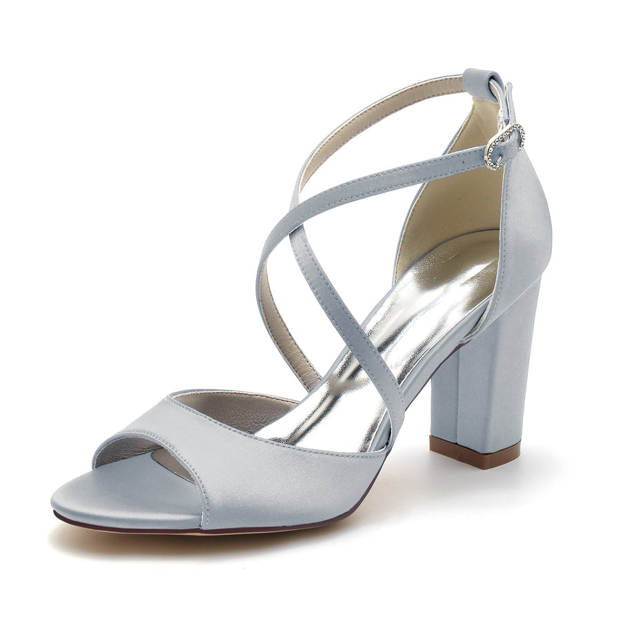 Women's Silk Satin Chunky Heel With Peep Toe Ankle Strap Wedding Shoes