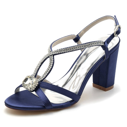 Women's Silk Satin Rhinestone With Ankle Strap Peep Toe Chunky Heel Party Shoes