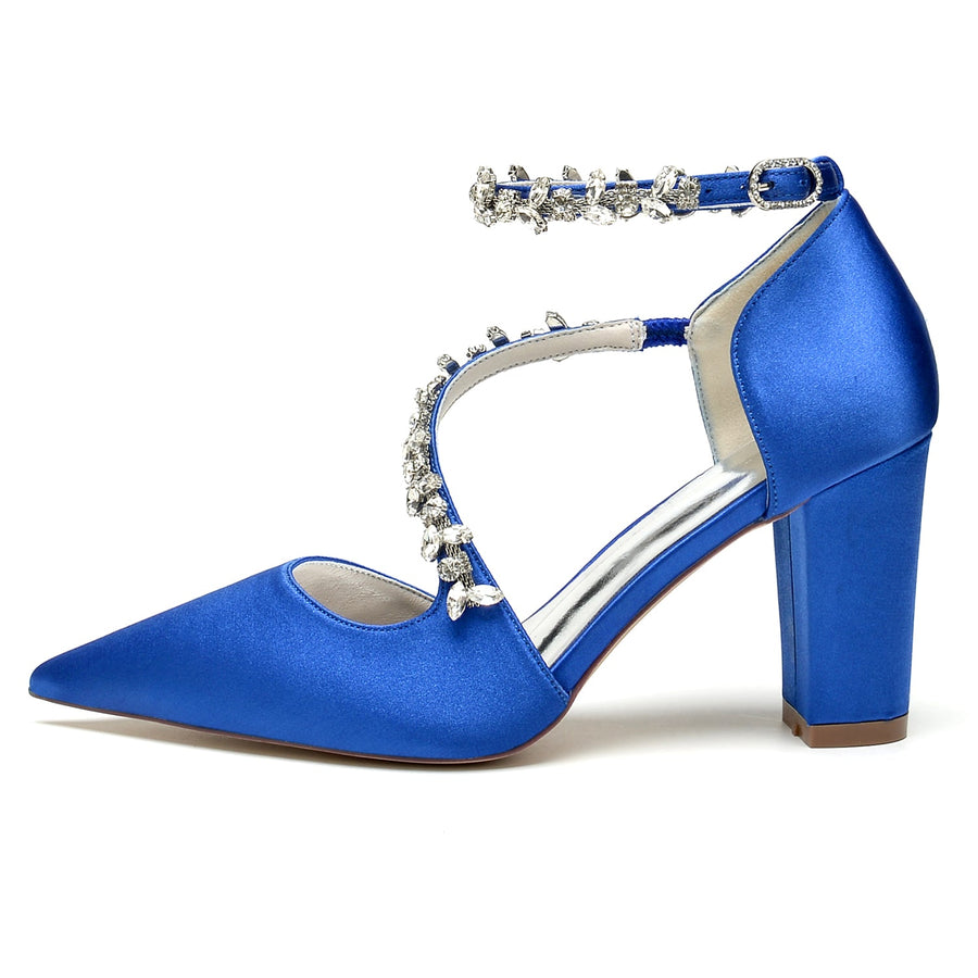 Women's Silk Satin Ankle Strap With Rhinestone Closed Toe Chunky Heel Evening Shoes