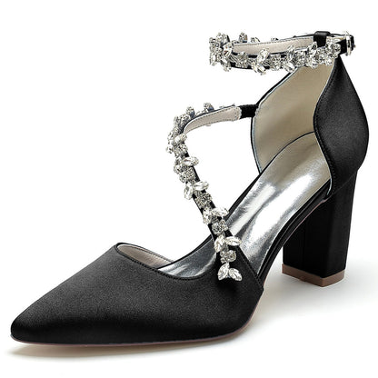 Women's Silk Satin Ankle Strap With Rhinestone Closed Toe Chunky Heel Evening Shoes