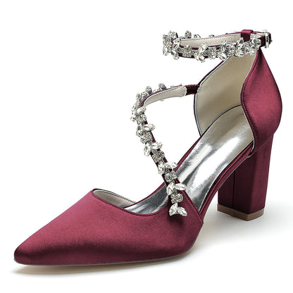 Women's Silk Satin Ankle Strap With Rhinestone Closed Toe Chunky Heel Evening Shoes