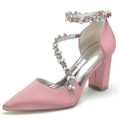 Women's Silk Satin Ankle Strap With Rhinestone Closed Toe Chunky Heel Evening Shoes