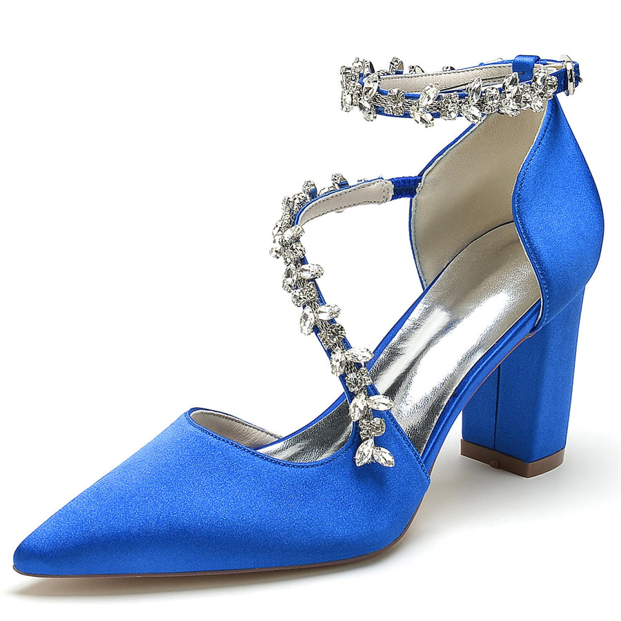 Women's Silk Satin Ankle Strap With Rhinestone Closed Toe Chunky Heel Evening Shoes