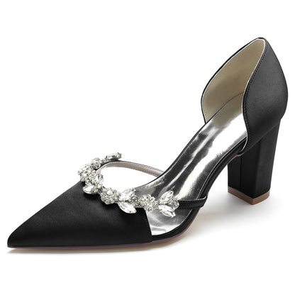 Women's Silk Satin With Rhinestone Closed Toe Chunky Heel Evening Shoes