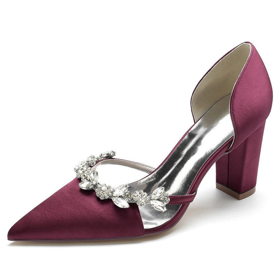 Women's Silk Satin With Rhinestone Closed Toe Chunky Heel Evening Shoes