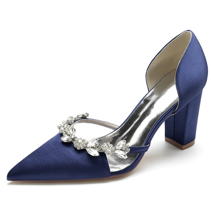 Women's Silk Satin With Rhinestone Closed Toe Chunky Heel Evening Shoes