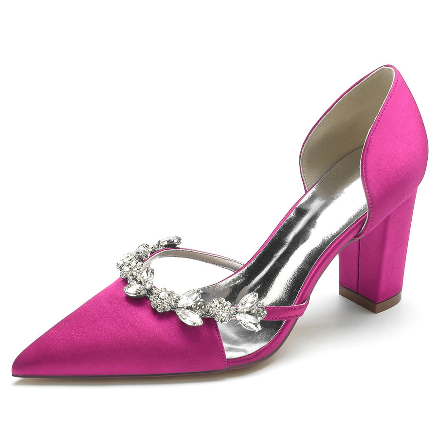 Women's Silk Satin With Rhinestone Closed Toe Chunky Heel Evening Shoes