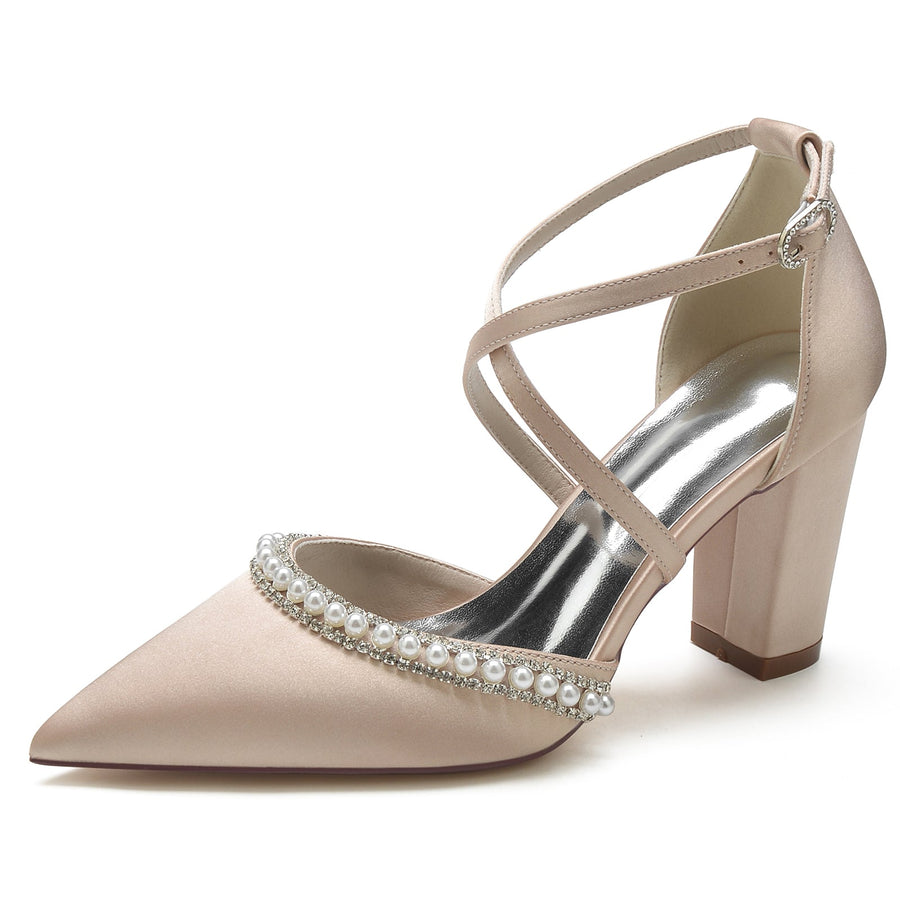 Women's Silk Satin With Ankle Strap Pearl Rhinestone Closed Toe Chunky Heel Wedding Shoes