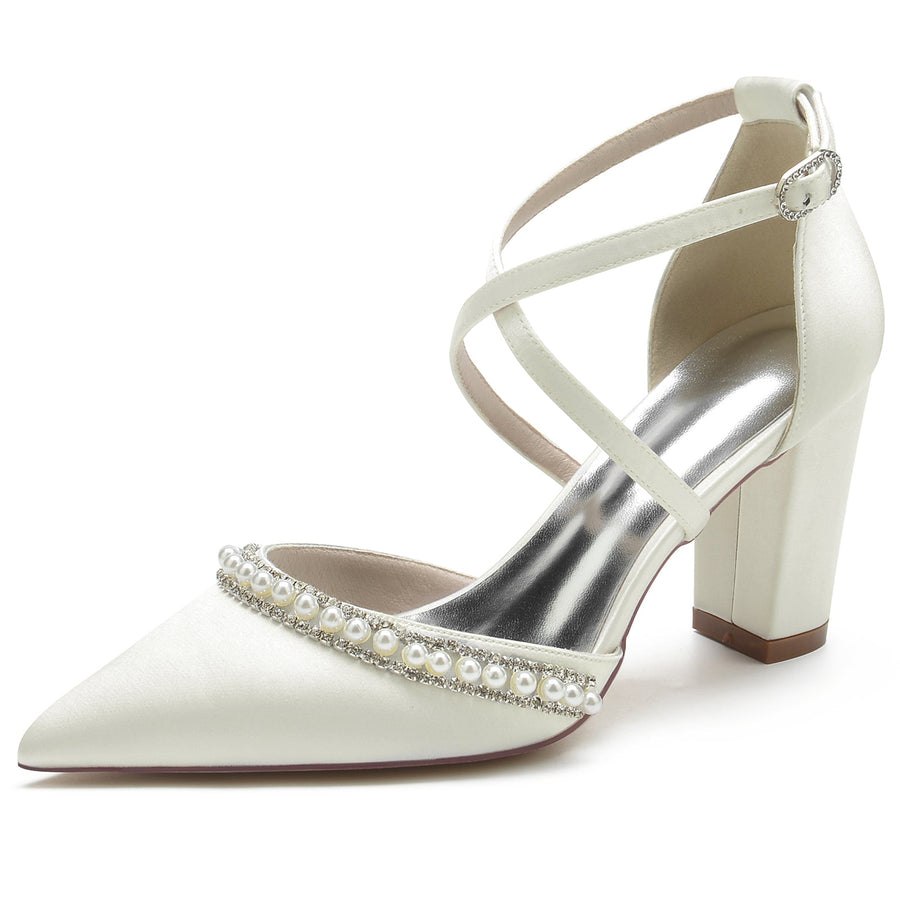 Women's Silk Satin With Ankle Strap Pearl Rhinestone Closed Toe Chunky Heel Wedding Shoes