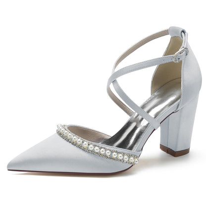 Women's Silk Satin With Ankle Strap Pearl Rhinestone Closed Toe Chunky Heel Wedding Shoes