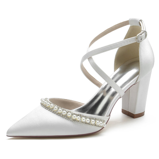 Women's Silk Satin With Ankle Strap Pearl Rhinestone Closed Toe Chunky Heel Wedding Shoes