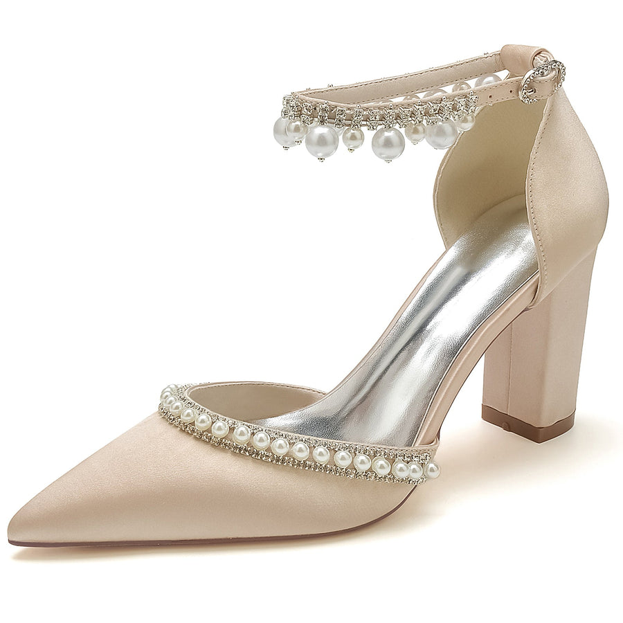 Women's Silk Satin With Ankle Strap Pearl Rhinestone Tassel Closed Toe Chunky Heel Evening Shoes