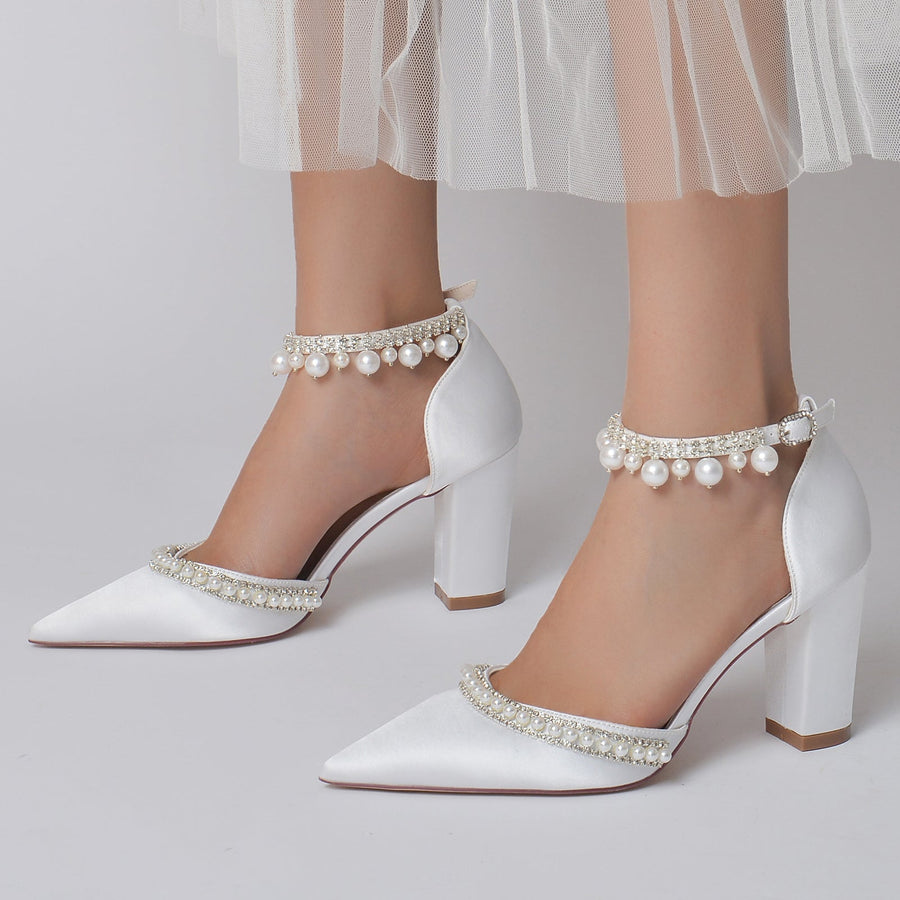 Women's Silk Satin With Ankle Strap Pearl Rhinestone Tassel Closed Toe Chunky Heel Evening Shoes