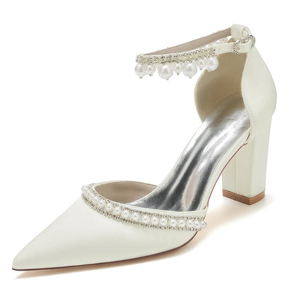 Women's Silk Satin With Ankle Strap Pearl Rhinestone Tassel Closed Toe Chunky Heel Evening Shoes