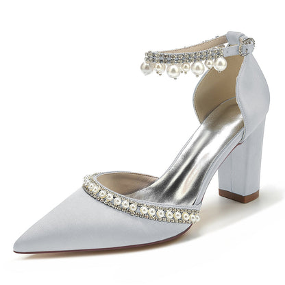 Women's Silk Satin With Ankle Strap Pearl Rhinestone Tassel Closed Toe Chunky Heel Evening Shoes