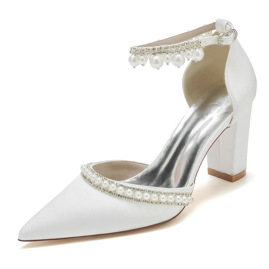 Women's Silk Satin With Ankle Strap Pearl Rhinestone Tassel Closed Toe Chunky Heel Evening Shoes