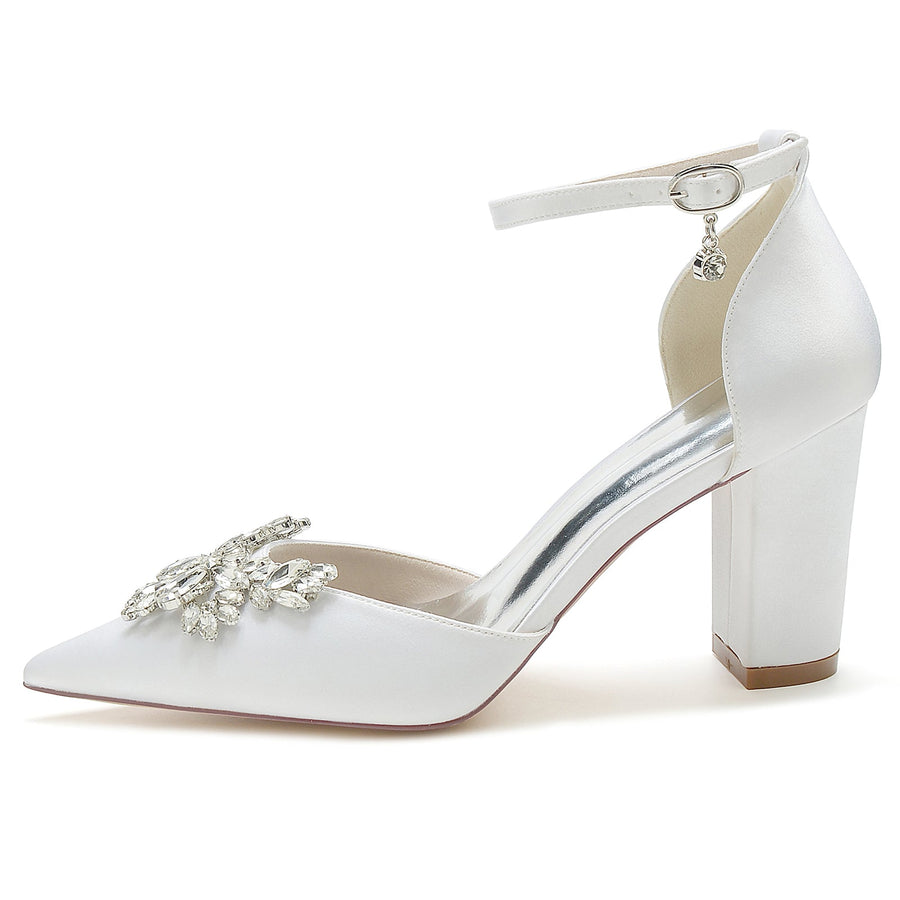 Women's Ankle Strap Silk Satin With Rhinestone Closed Toe Chunky Heel Wedding Shoes