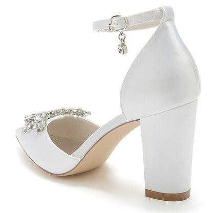 Women's Ankle Strap Silk Satin With Rhinestone Closed Toe Chunky Heel Wedding Shoes