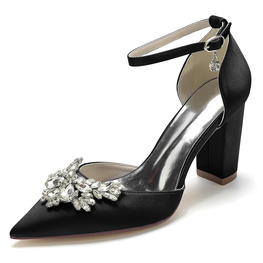 Women's Ankle Strap Silk Satin With Rhinestone Closed Toe Chunky Heel Wedding Shoes