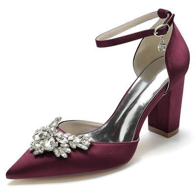 Women's Ankle Strap Silk Satin With Rhinestone Closed Toe Chunky Heel Wedding Shoes