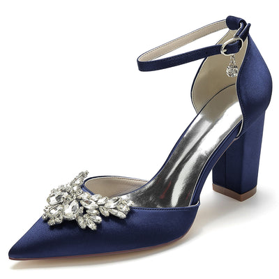 Women's Ankle Strap Silk Satin With Rhinestone Closed Toe Chunky Heel Wedding Shoes