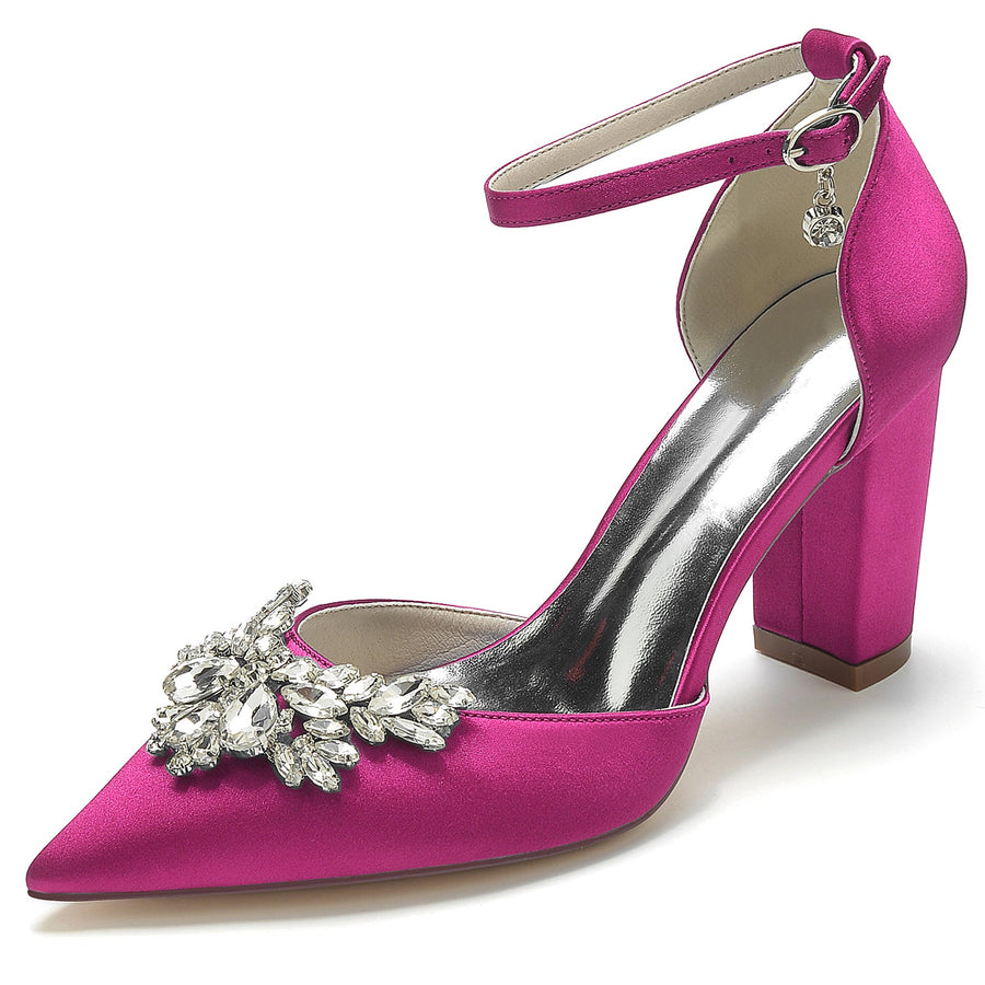 Women's Ankle Strap Silk Satin With Rhinestone Closed Toe Chunky Heel Wedding Shoes