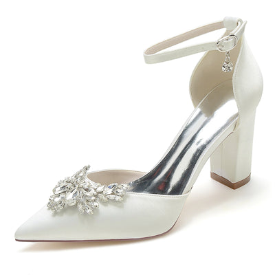 Women's Ankle Strap Silk Satin With Rhinestone Closed Toe Chunky Heel Wedding Shoes