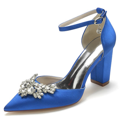 Women's Ankle Strap Silk Satin With Rhinestone Closed Toe Chunky Heel Wedding Shoes