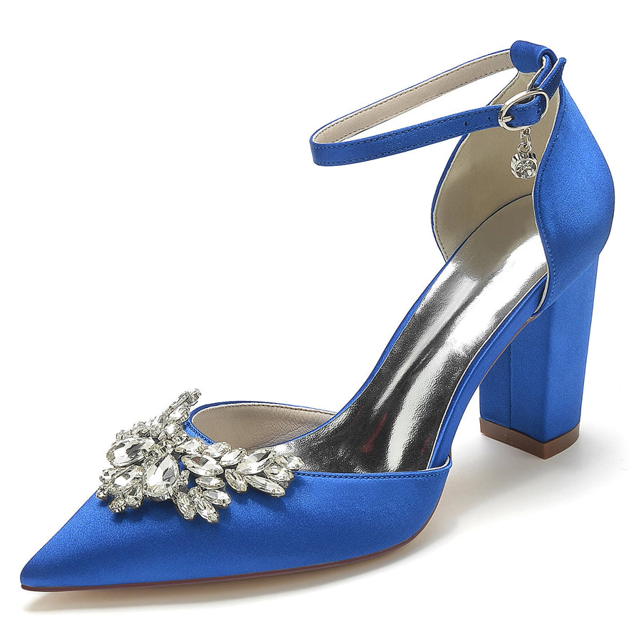 Women's Ankle Strap Silk Satin With Rhinestone Closed Toe Chunky Heel Wedding Shoes