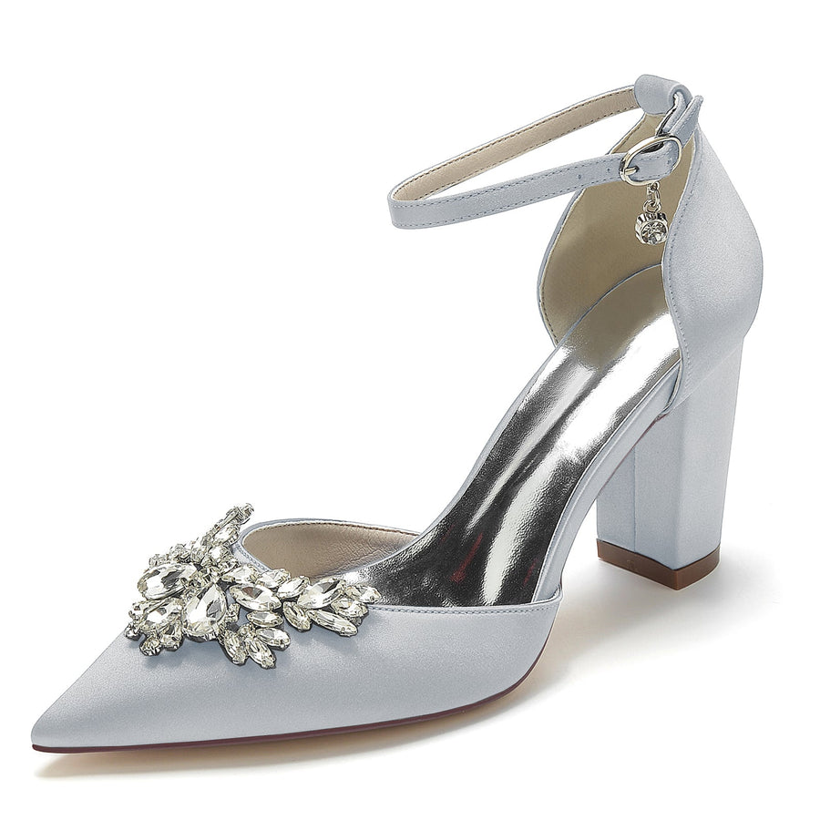 Women's Ankle Strap Silk Satin With Rhinestone Closed Toe Chunky Heel Wedding Shoes