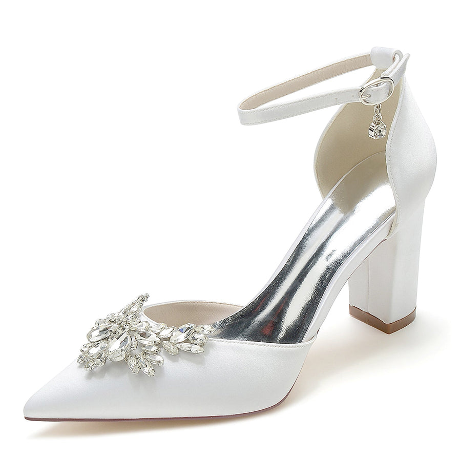 Women's Ankle Strap Silk Satin With Rhinestone Closed Toe Chunky Heel Wedding Shoes