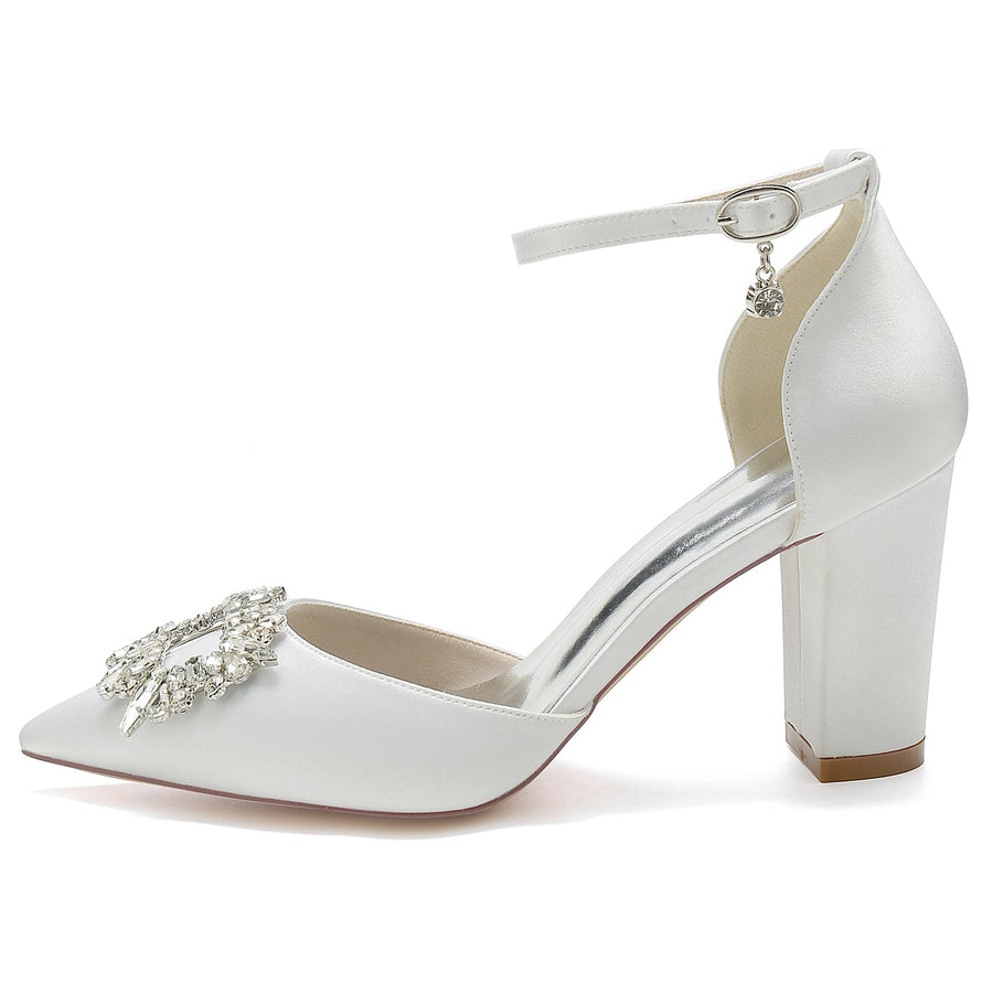 Women's Silk Satin Ankle Strap With Rhinestone Closed Toe Chunky Heel Wedding Shoes